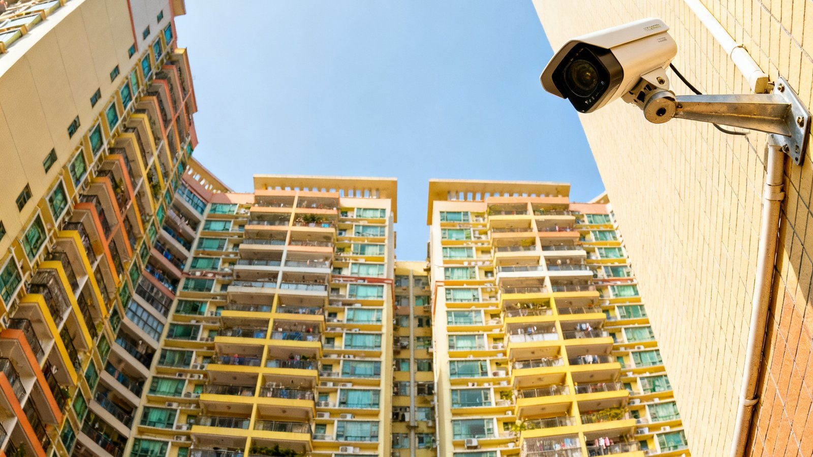 深圳龙岗区某大型住宅小区楼栋外立面，广角摄像头安装在外墙支架上，用于监测高空抛物行为。